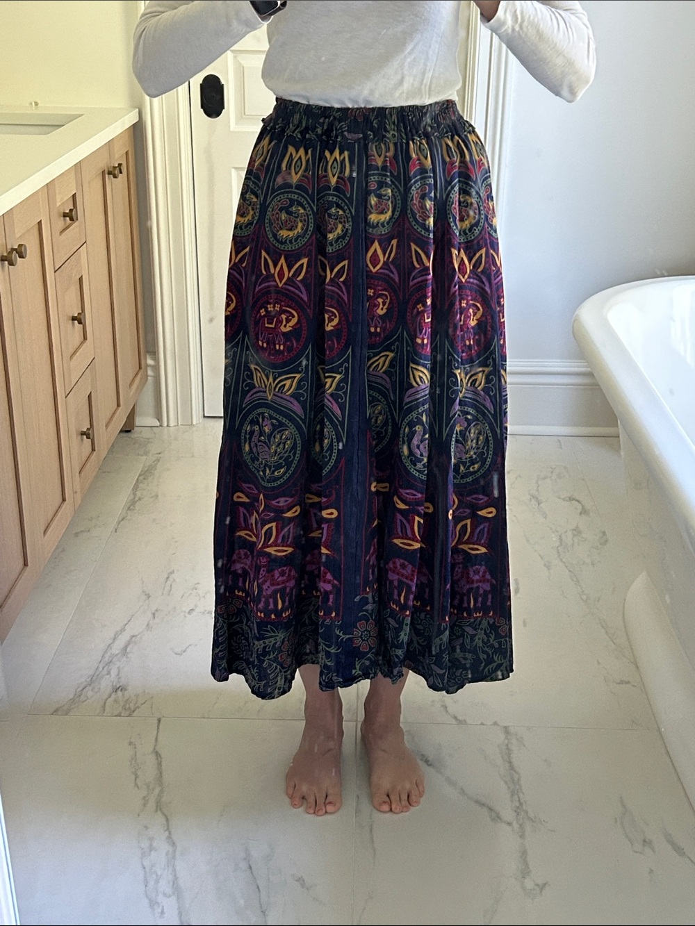 Boho Navy Maxi Skirt with Colorful Elephant Camel Peacock Medallions - Picture 8 of 11